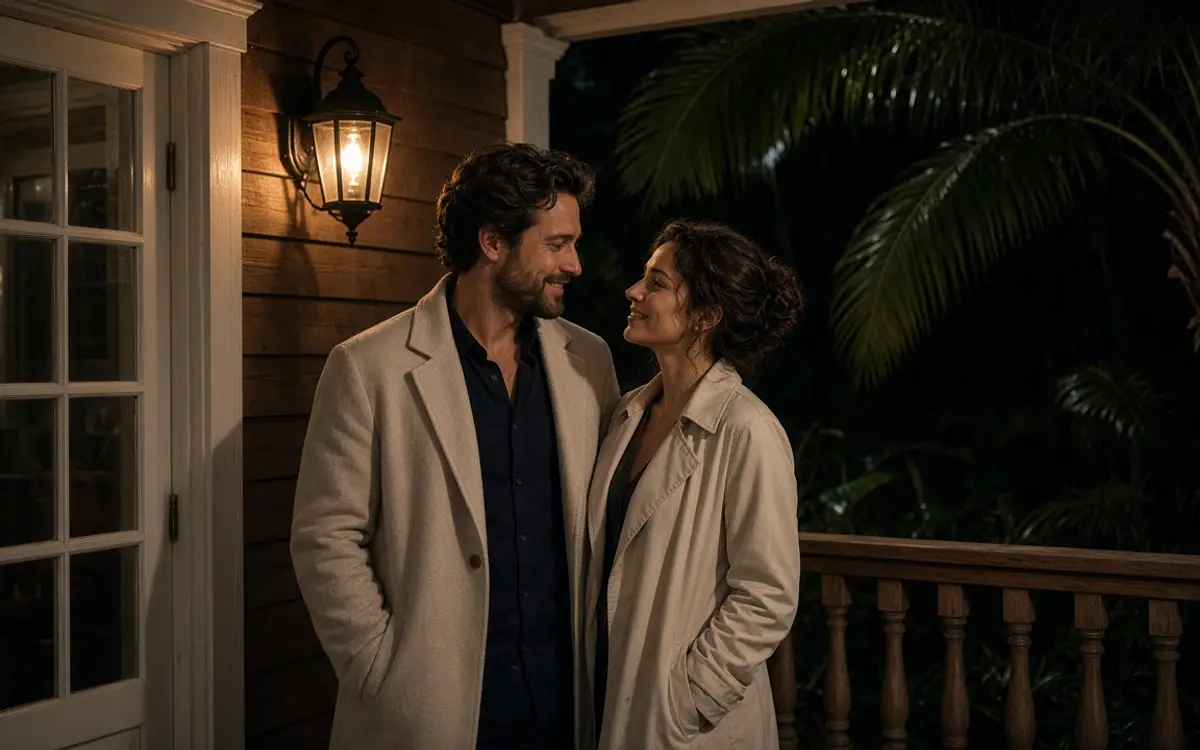 A dressed couple on a porch at night, palms and a warm lamp by the door.