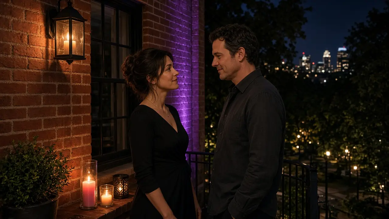 A dressed couple on a Charlotte porch at night, peach light and brick behind them.