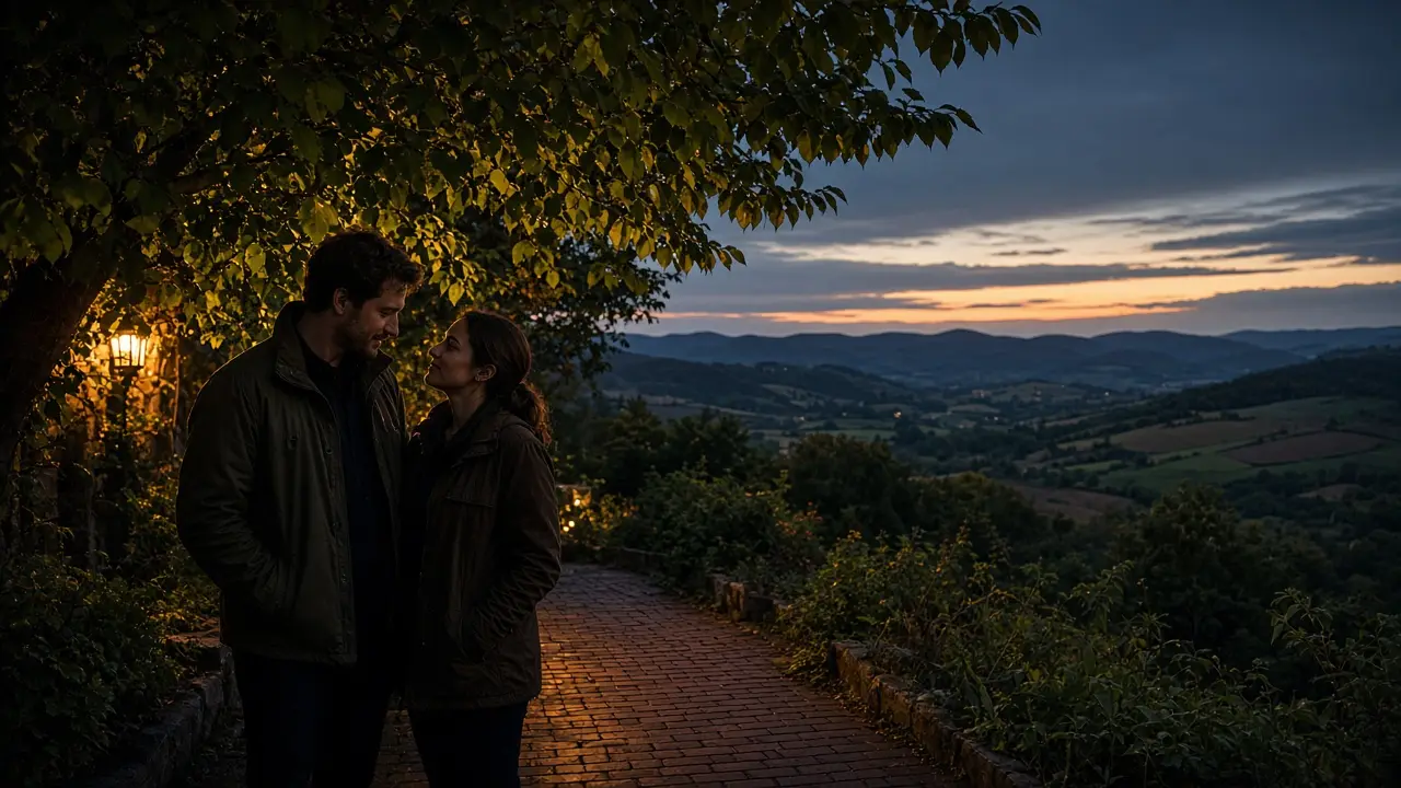 A dressed couple in jackets under trees beside a brick walk at dusk.