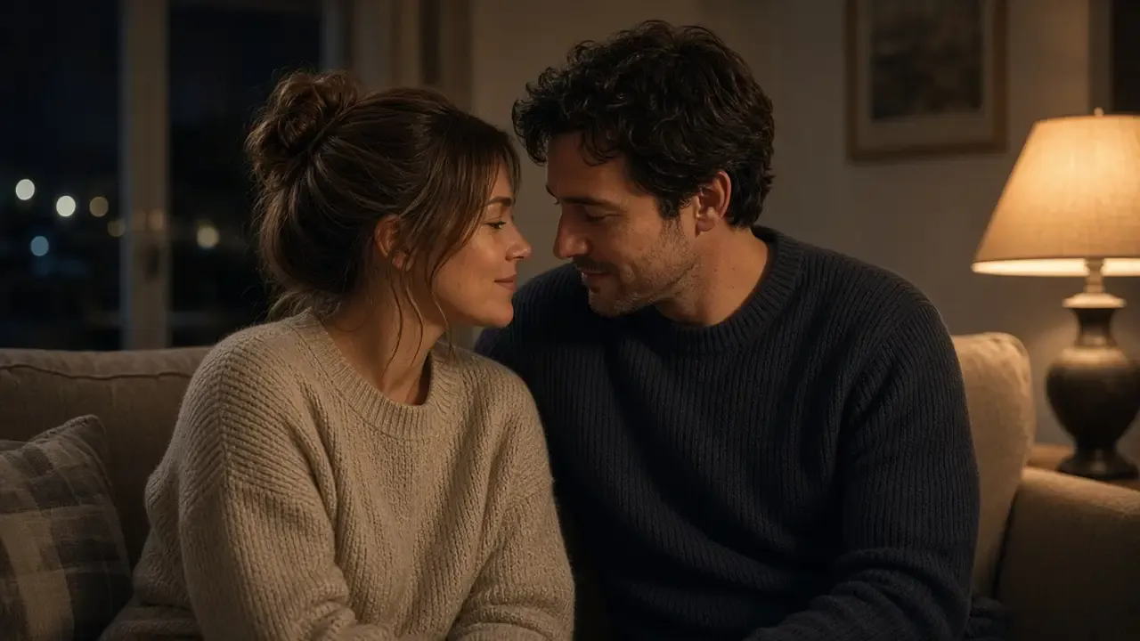 A dressed couple on a sofa at night, leaning close to talk, a warm lamp beside them.