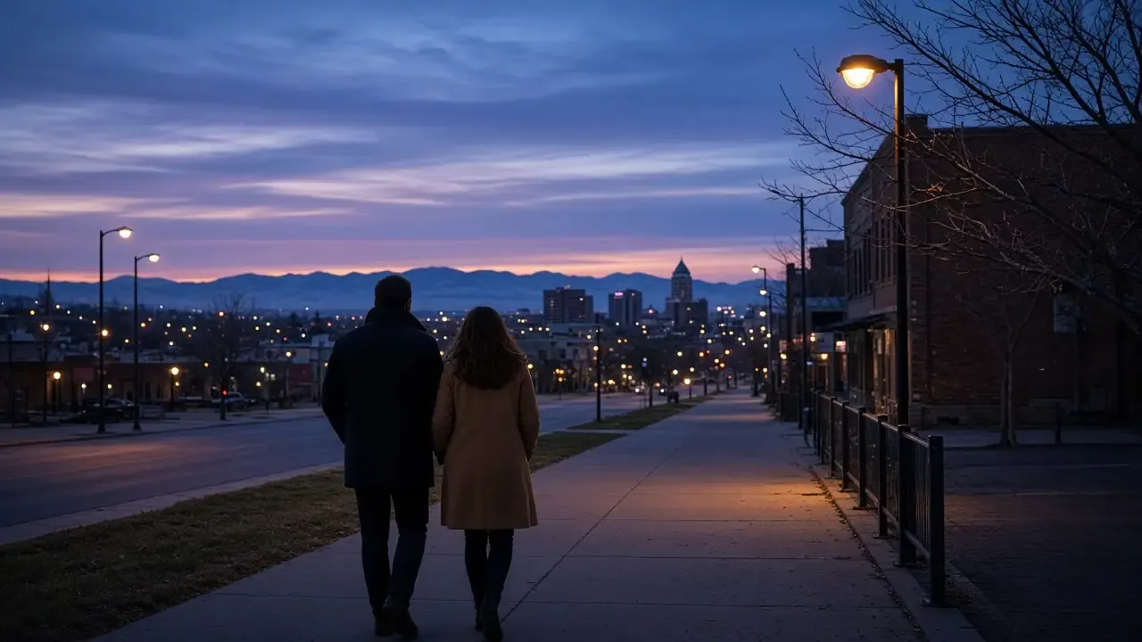 A dressed couple in coats on a high-plains sidewalk at dusk, distant mountains, no signs.