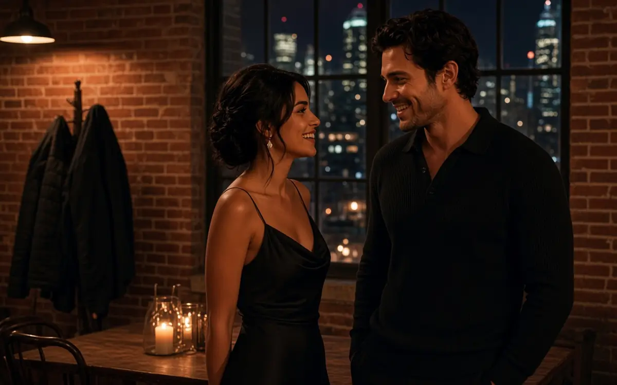 A dressed couple in a Chicago loft at night, city lights beyond the brick and glass.