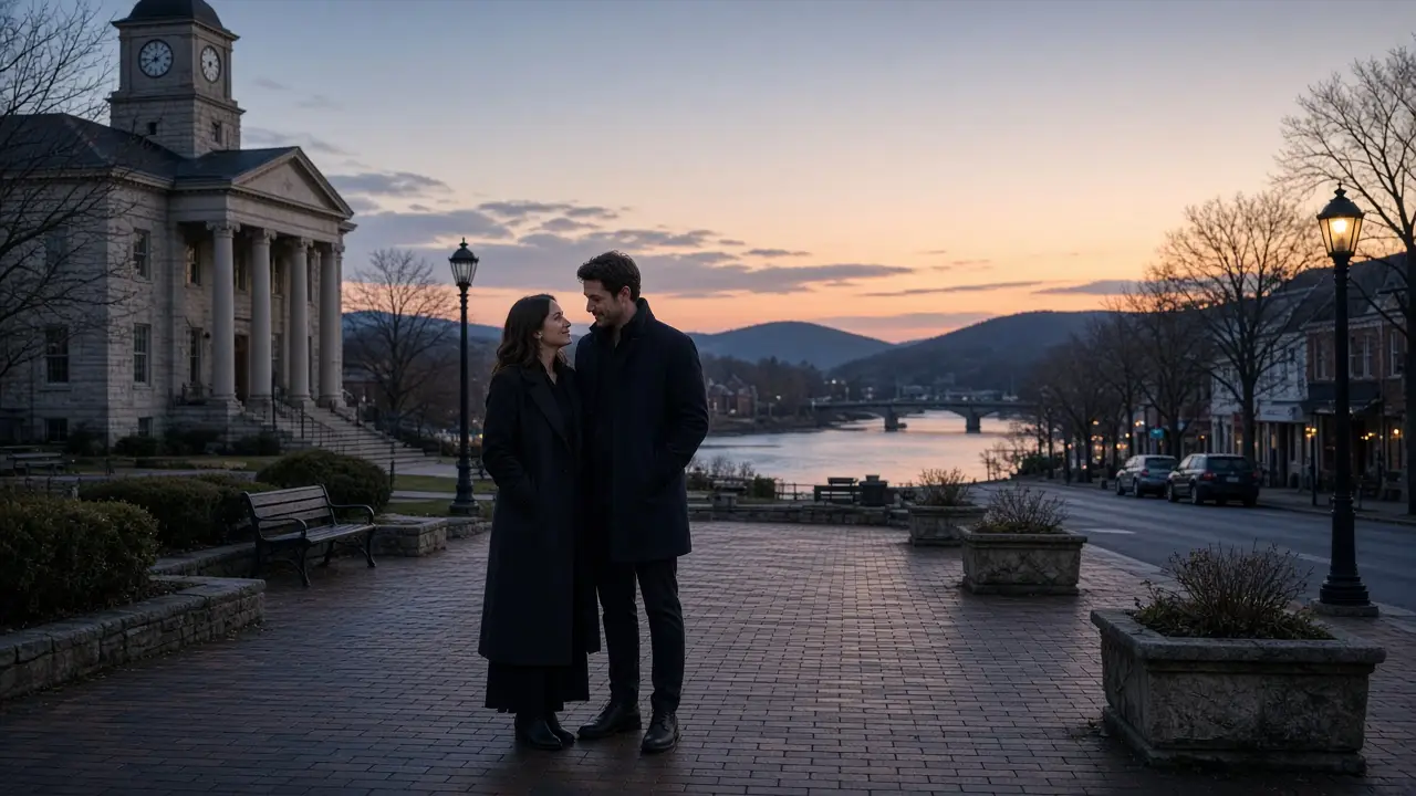 A dressed couple on a brick square at dusk, a river at the end of the street.