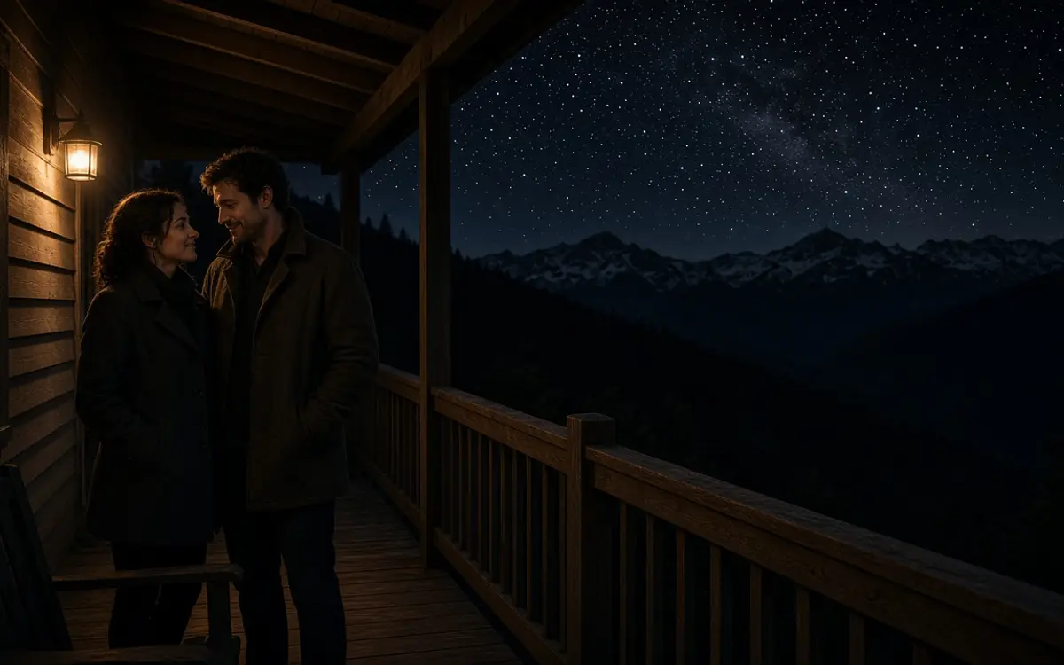A dressed couple on a porch at night, dark mountains and a wide sky.