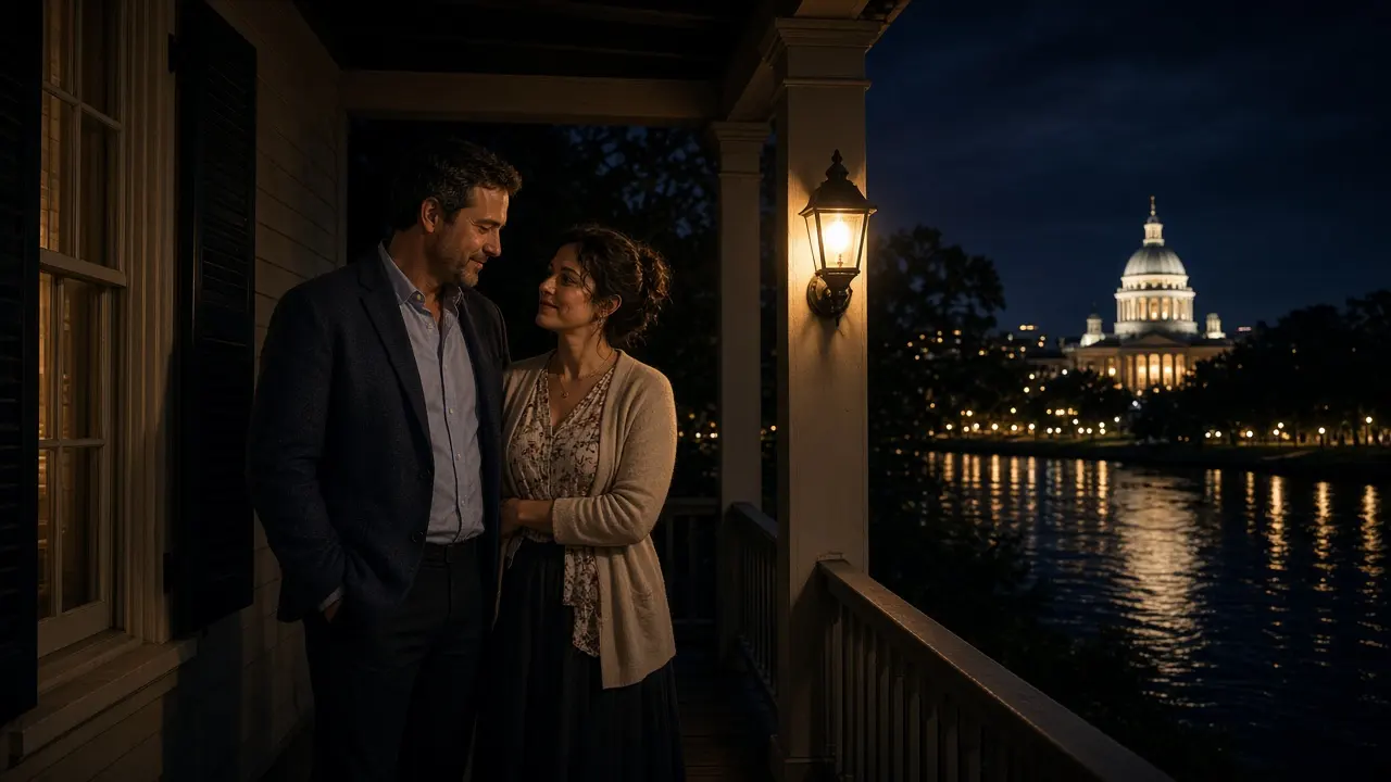 A dressed couple on a porch at night, a river and a statehouse glow.