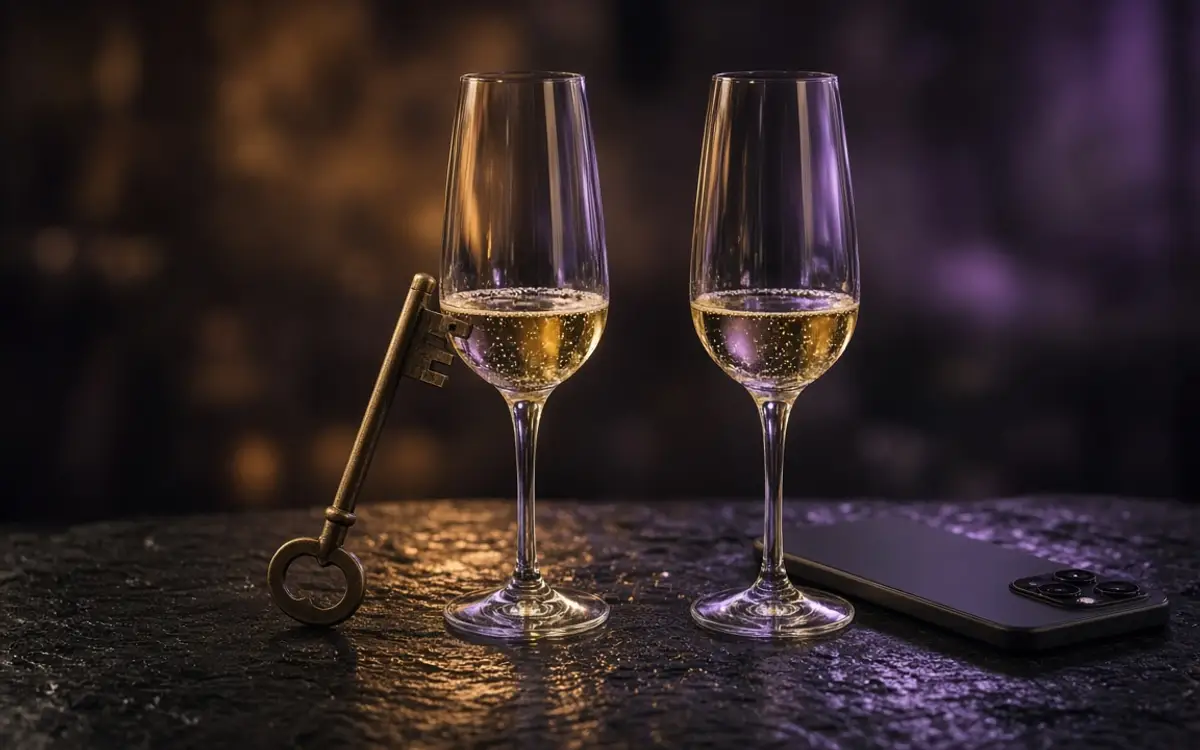 Two champagne glasses, one with a brass key and one with a phone face down.