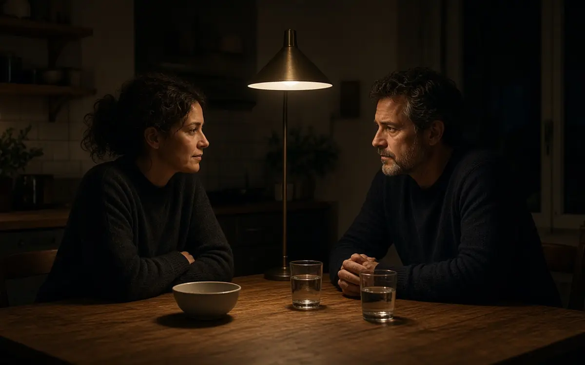 A dressed couple at a kitchen table at night, a small bowl and a warm lamp.