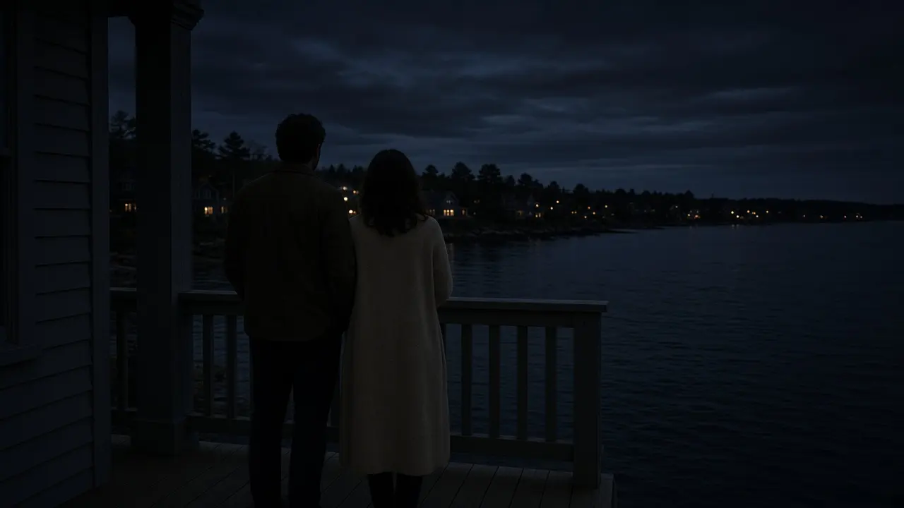 A dressed couple on a porch at night, a dark sound and warm windows.