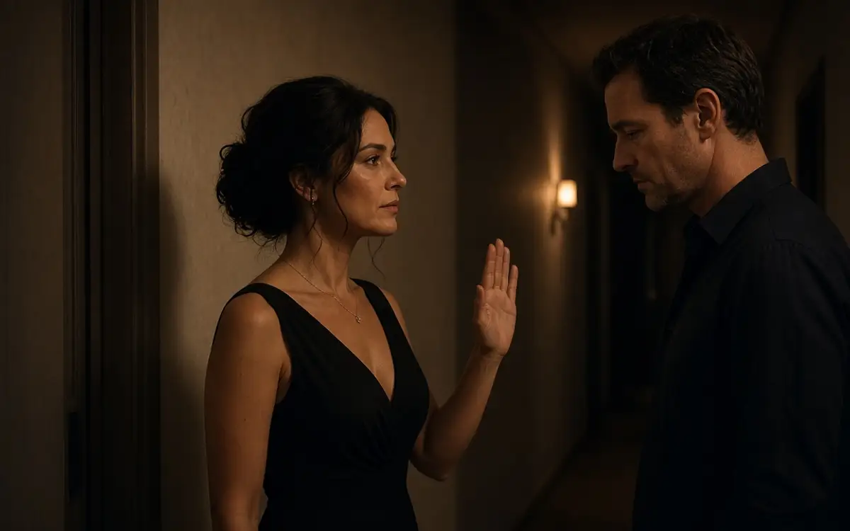 A dressed couple paused in a dim hallway, her black dress and his dark shirt.