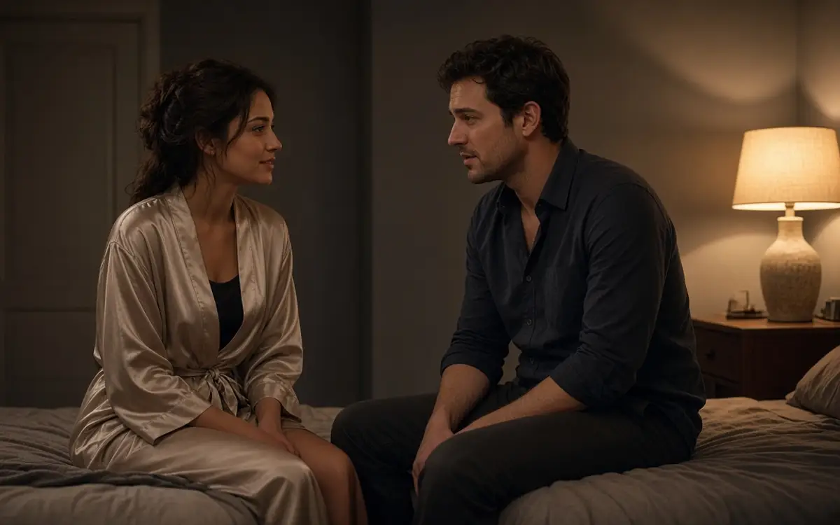 Two dressed people talking on the edge of a bed, her silk robe and his shirt, a closed door behind them.