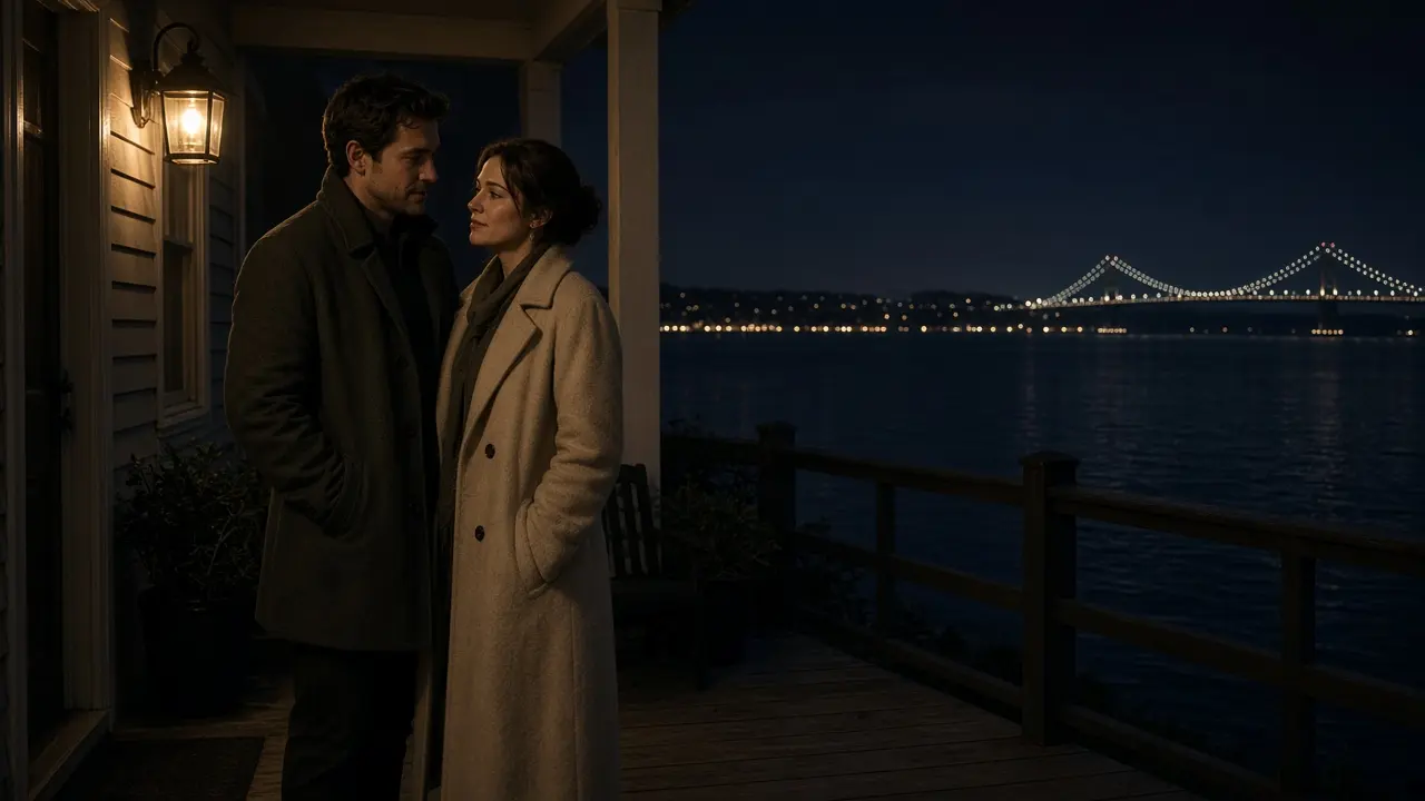 A dressed couple on a porch at night, a bay bridge and a warm lamp.