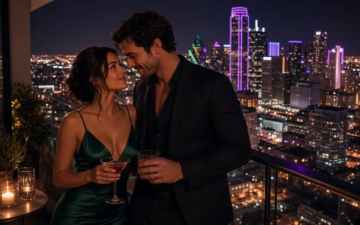 A dressed couple on a Dallas balcony at night, the downtown skyline behind the glass.
