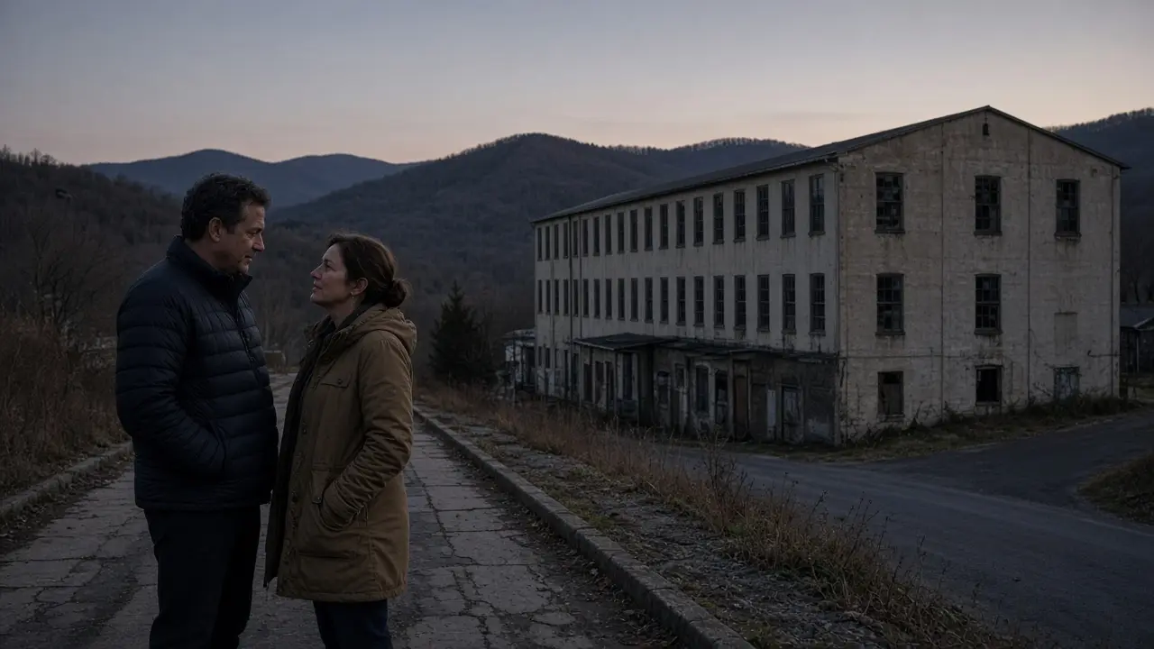 A dressed couple in jackets on a ridge sidewalk at dusk, hills behind.