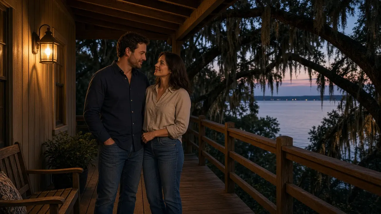 A dressed couple on a screened porch at dusk, live oaks and a distant bay.