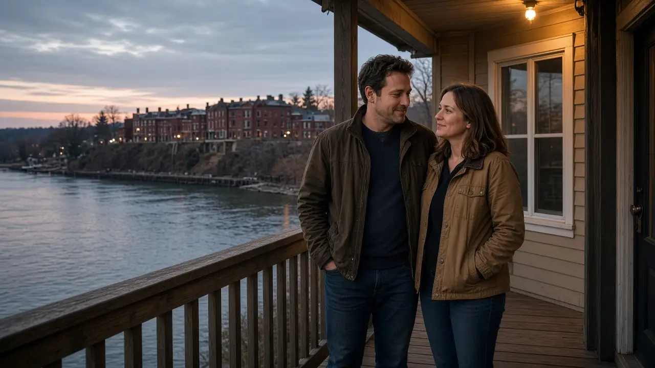 A dressed couple on a brick bluff at dusk, a very wide river behind them.