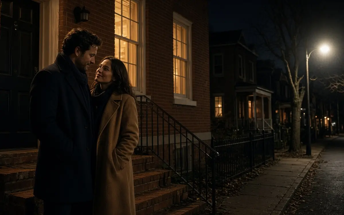 A dressed couple on a brick stoop at night, a quiet street and warm windows.