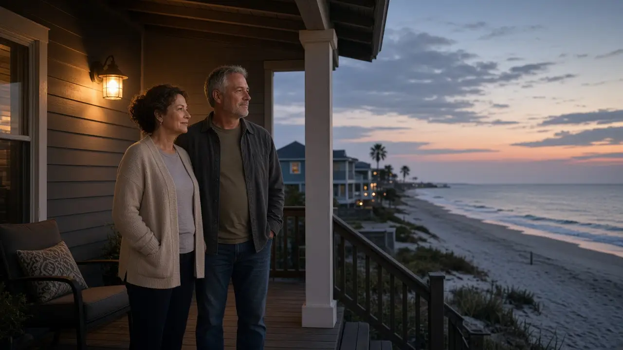 A dressed couple on a porch at dusk, the beach far off and a warm lamp.