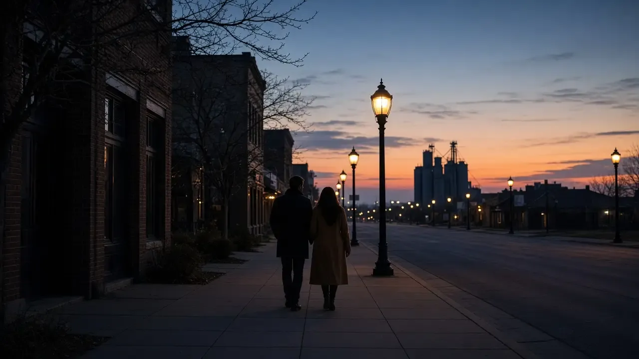 A dressed couple in coats on a prairie downtown sidewalk at dusk, a distant elevator, no signs.