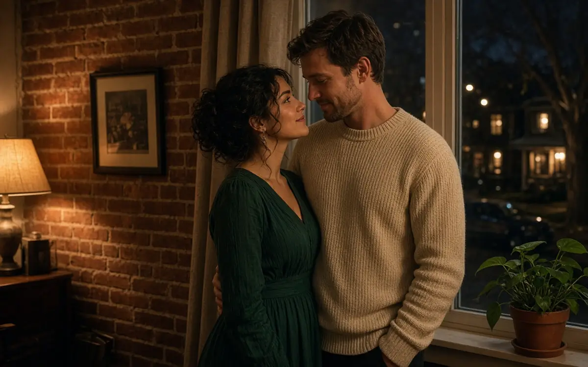 A dressed couple by a bungalow window at night, her green dress and his cream sweater.