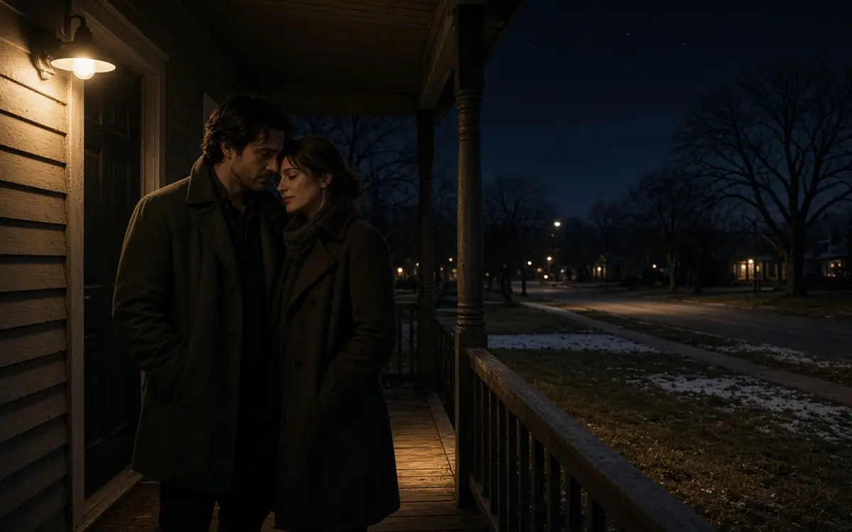 A dressed couple on a porch at night, a wide prairie sky and a warm lamp.