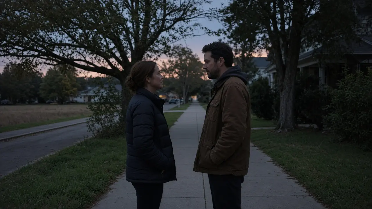 A dressed couple on a town sidewalk at dusk, low trees, no signs.