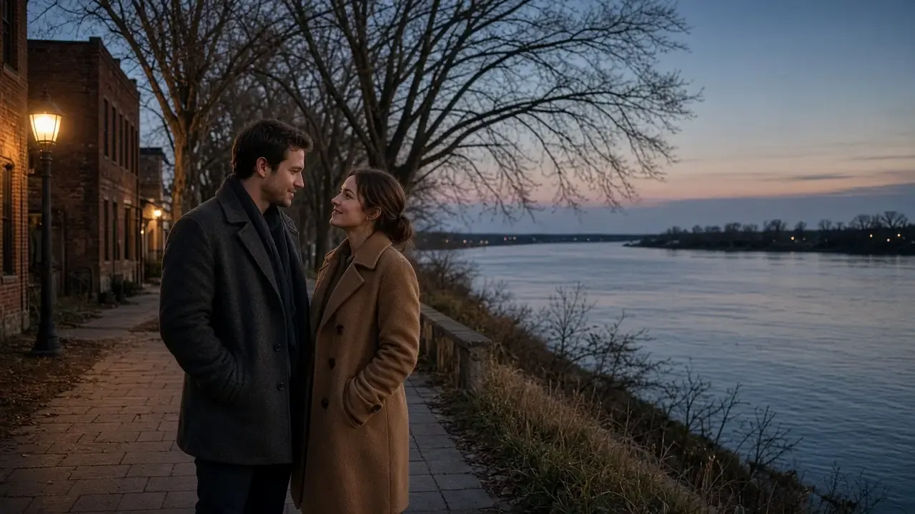 A dressed couple in wool coats on a bluff sidewalk at dusk, a wide river behind, no signs.