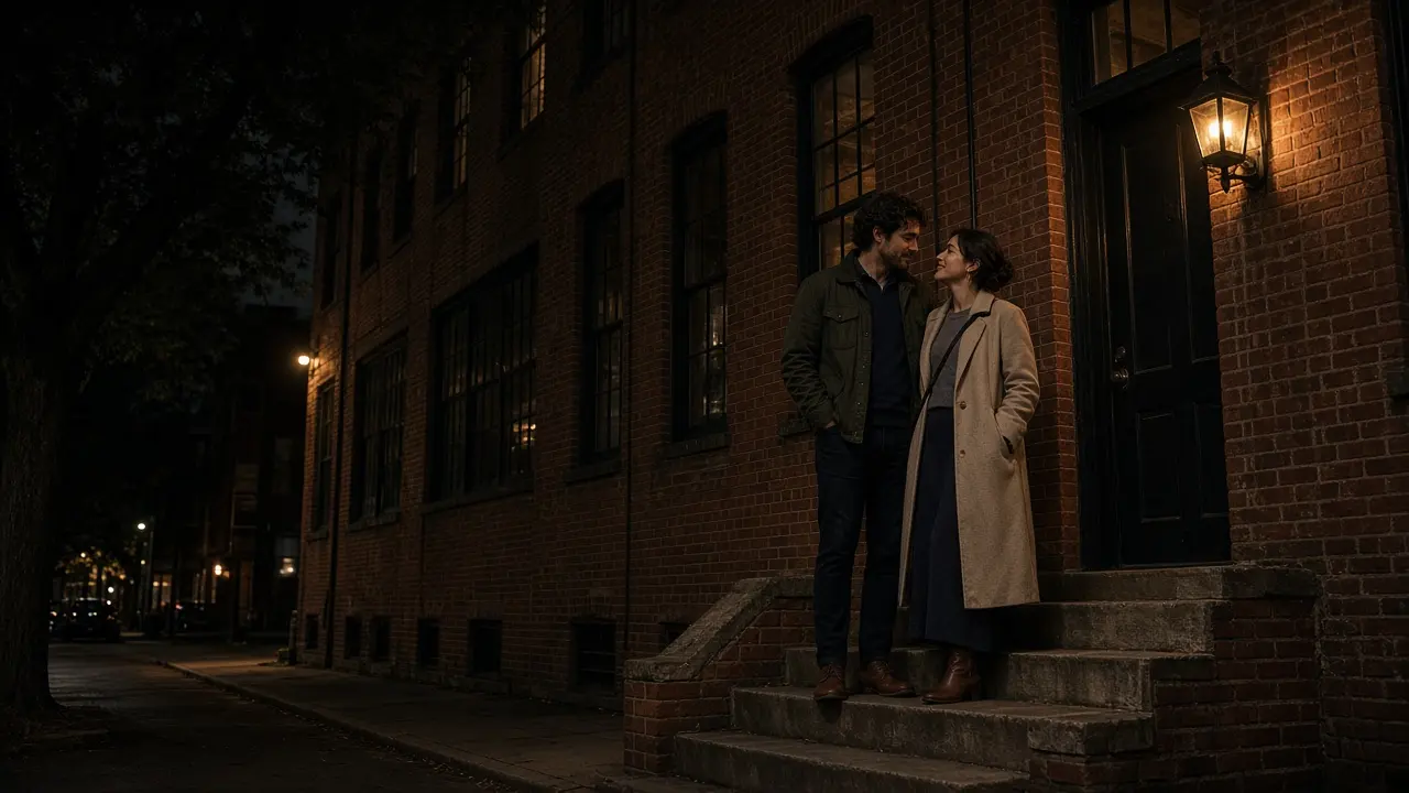 A dressed couple on a brick stoop at night, tobacco brick and a warm lamp.