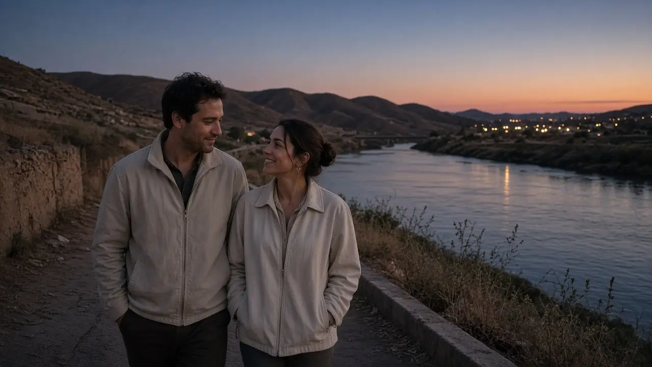 A dressed couple in light jackets on a river-town sidewalk at dusk, low hills, no signs.