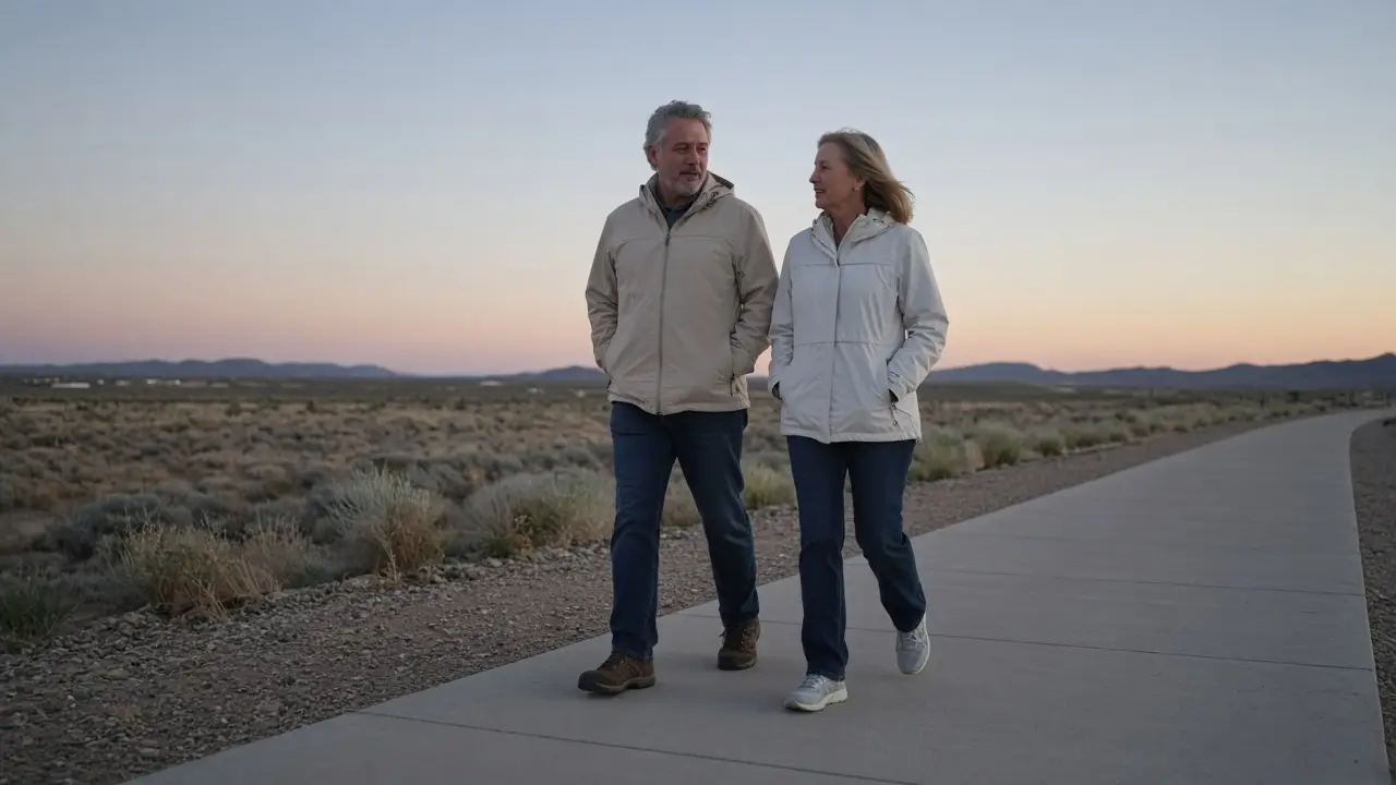 A dressed couple in light jackets on a desert sidewalk at dusk, open fields.