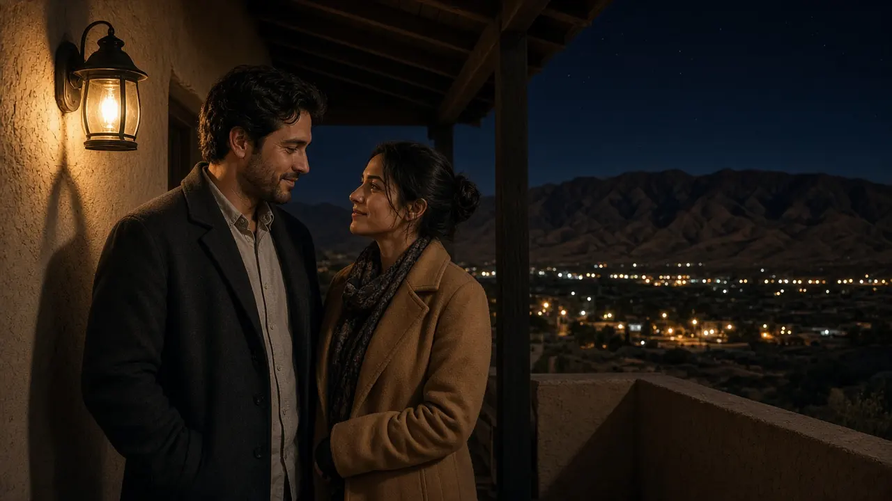A dressed couple on a porch at night, a desert ridge and a warm lamp.