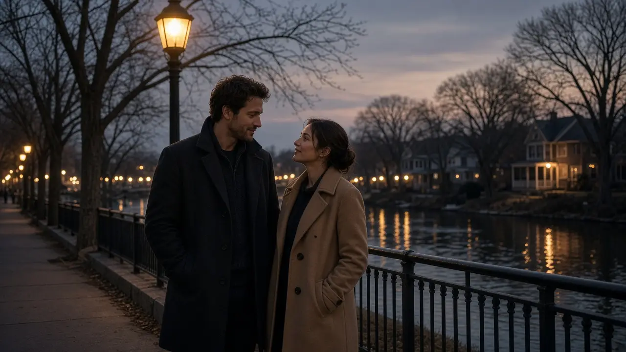 A dressed couple in coats on a riverside sidewalk at dusk, a warm street lamp.