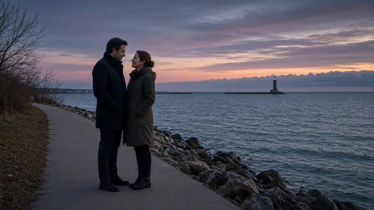 A dressed couple on a bayfront path at dusk, cool water and a distant lighthouse.
