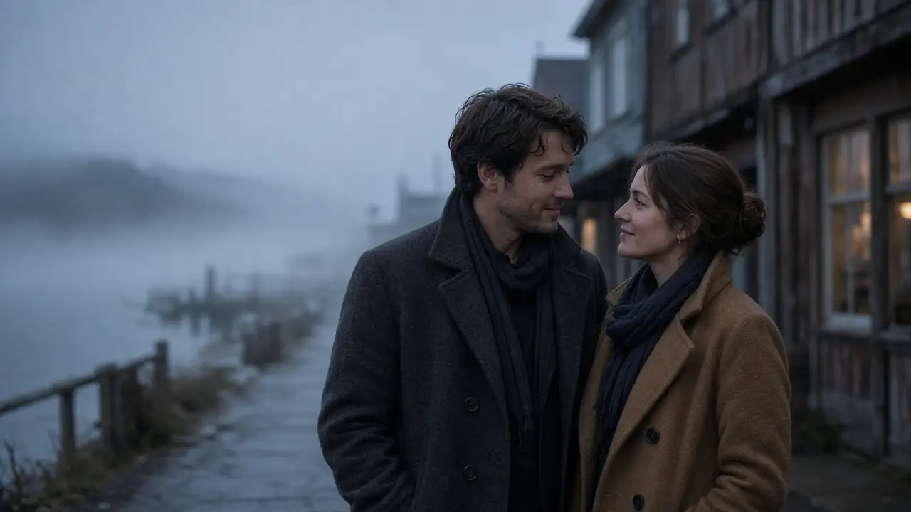 A dressed couple in wool coats on a foggy bay sidewalk at dusk, wooden storefronts, no signs.