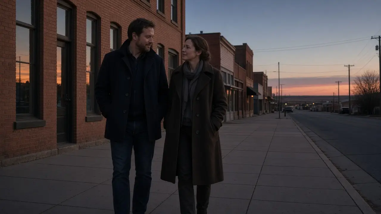 A dressed couple on a downtown sidewalk at dusk, a flat horizon and warm brick storefronts.