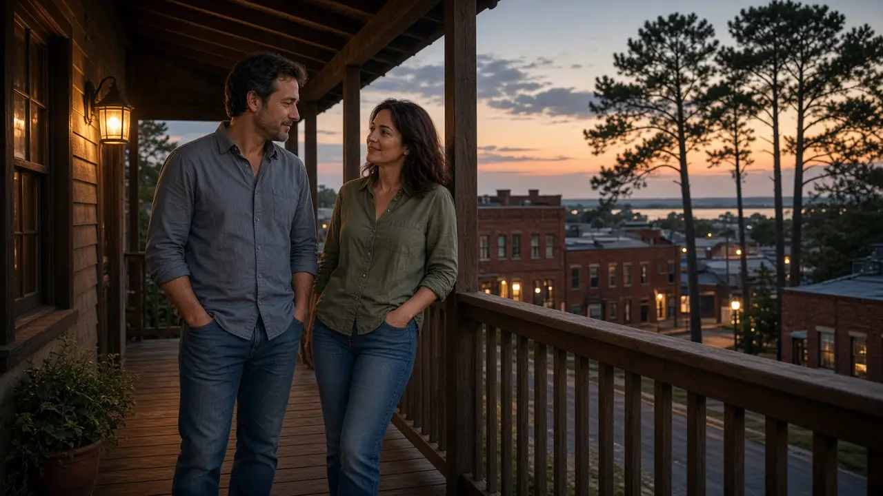 A dressed couple on a brick street at dusk, pines and no mountains.