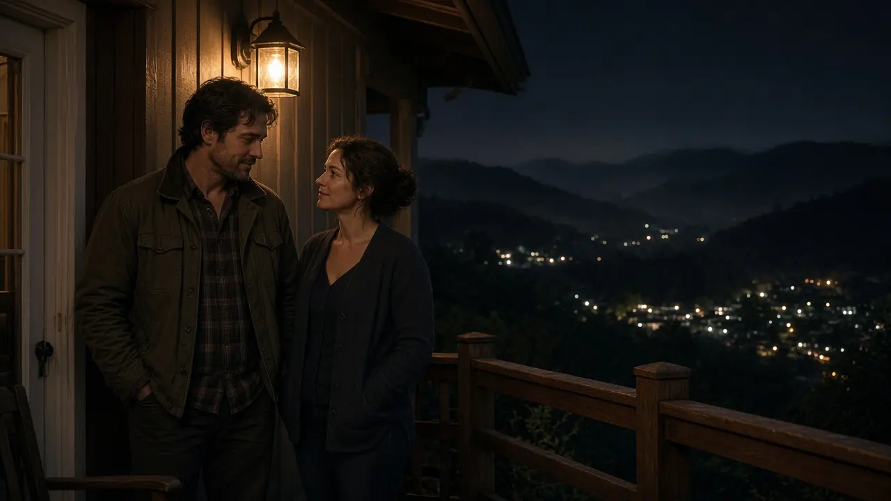 A dressed couple on a porch at night, ozark hills and a warm lamp.