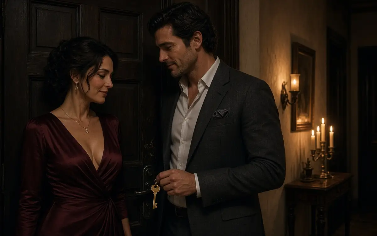 A dressed couple at a closed wood door, a brass key in the man's hand.