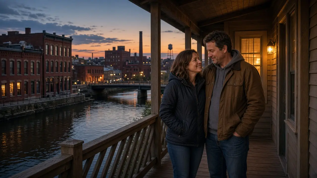 A dressed couple on a brick walk at dusk, a river and old factories.