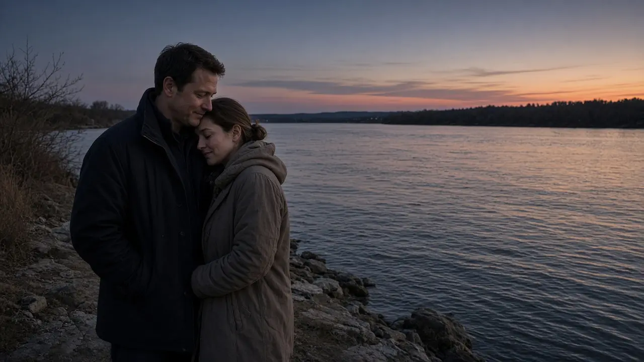 A dressed couple beside a wide river at dusk, no signs.