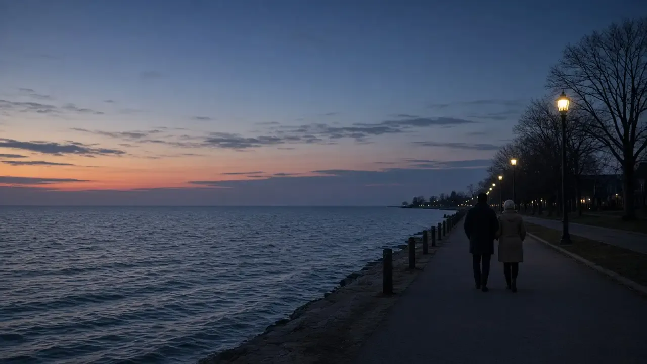A dressed couple in coats on a lakeside sidewalk at dusk, low waves behind, no signs.
