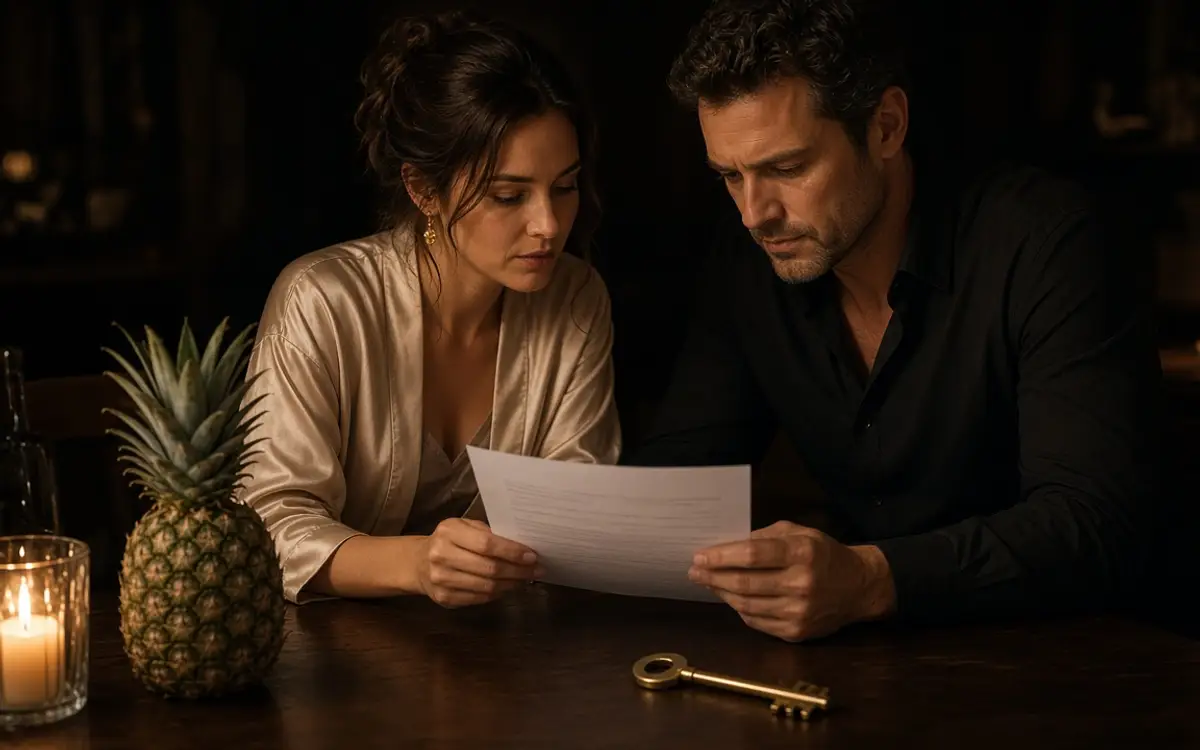 A couple at a candlelit desk before a party, a pineapple and a brass key beside them.