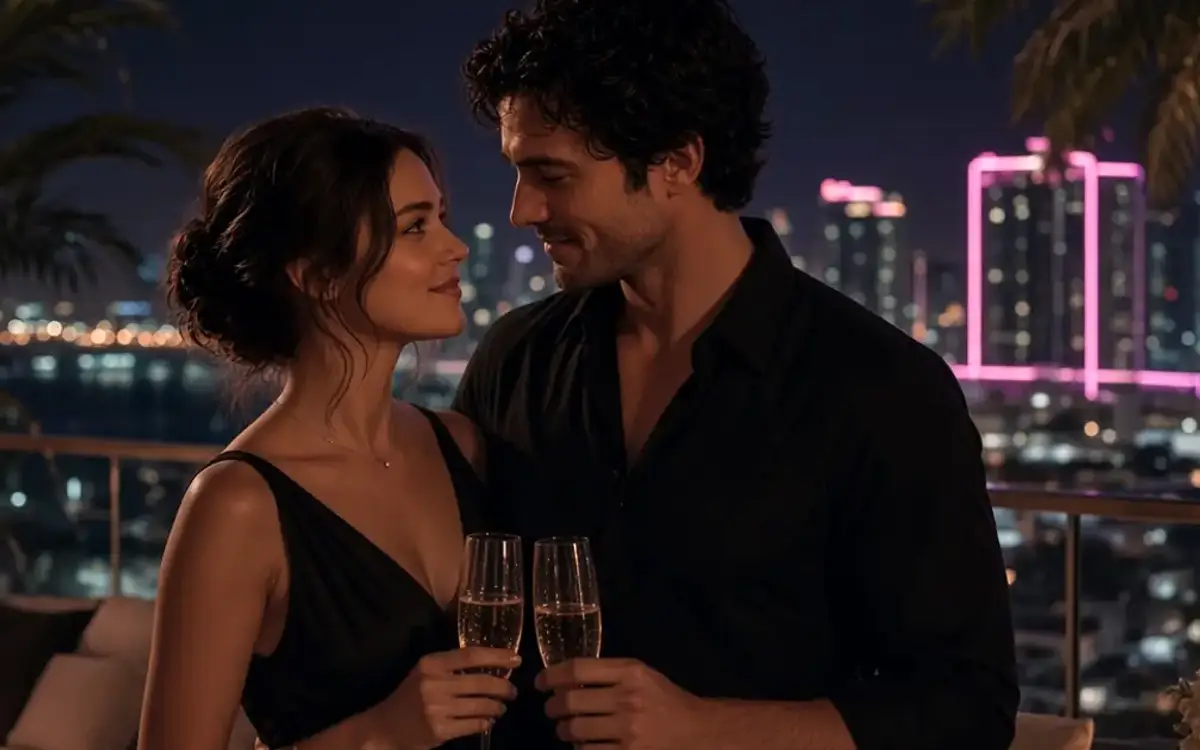 A dressed couple on a Miami balcony at night, palms and city lights behind the glass.