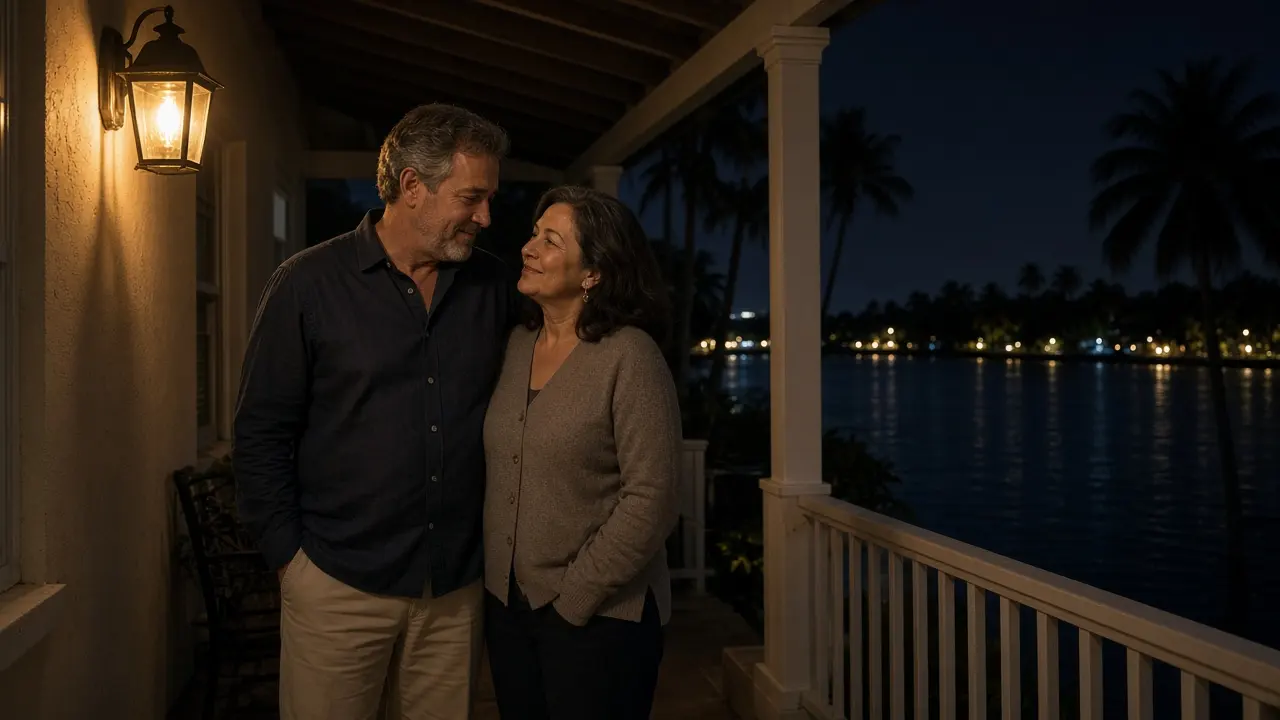 A dressed couple on a porch at night, palm river light and a warm lamp.