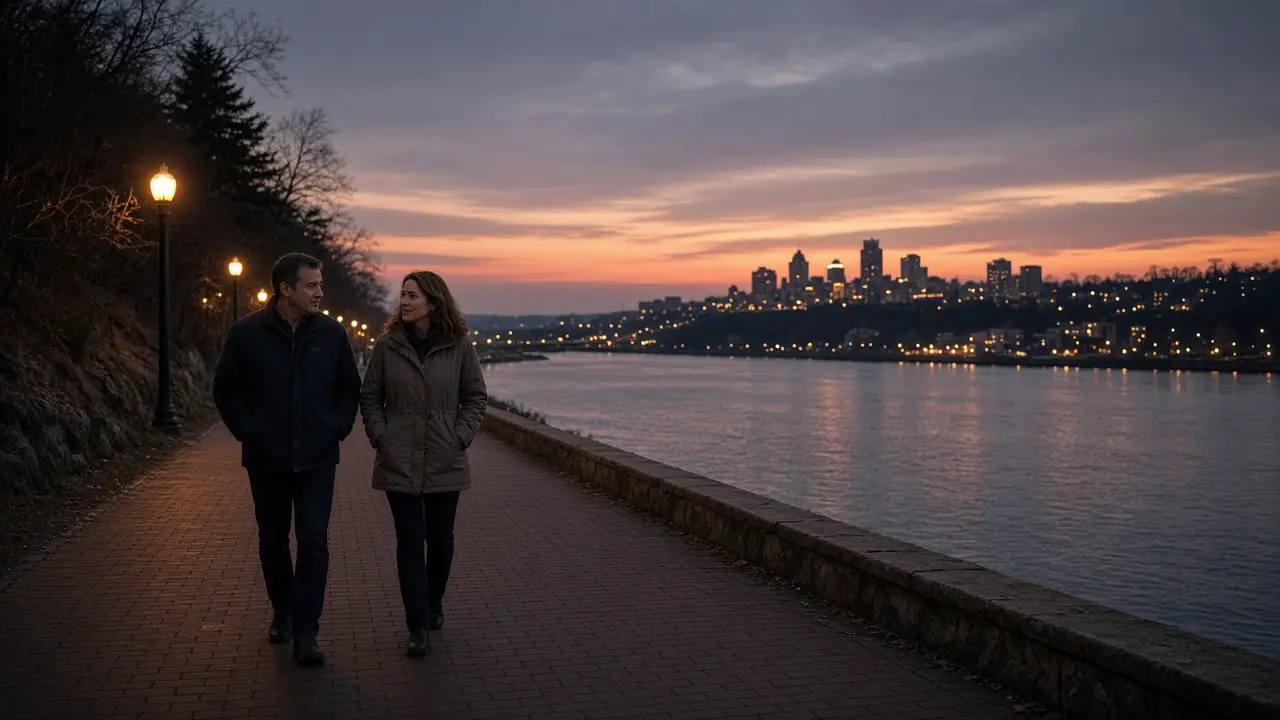 A dressed couple in jackets on a brick sidewalk above a wide river at dusk.