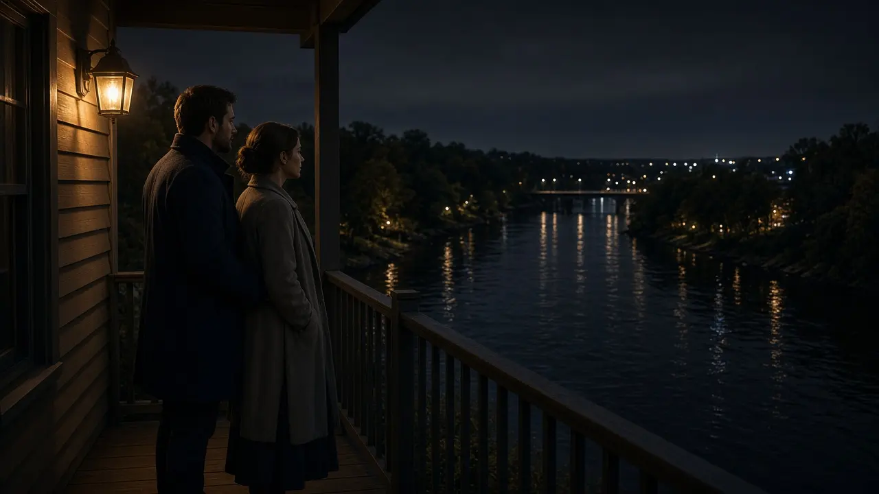 A dressed couple on a porch at night, a river confluence and a warm lamp.