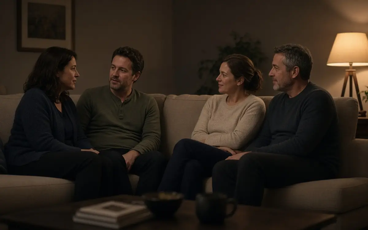 Two dressed couples on a living room sofa at night, one lamp and a quiet room.
