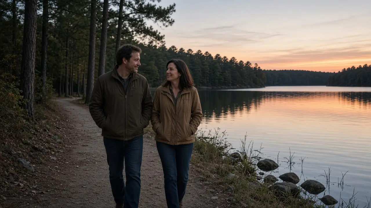 A dressed couple on a lakeside path at dusk, fully clothed, no signs.