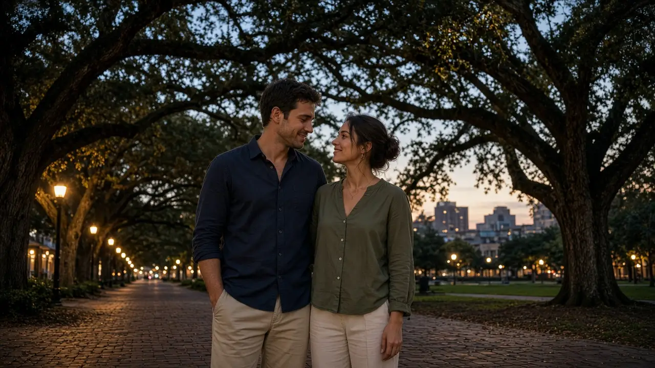 A dressed couple under live oaks at dusk, a low downtown and a warm lamp.
