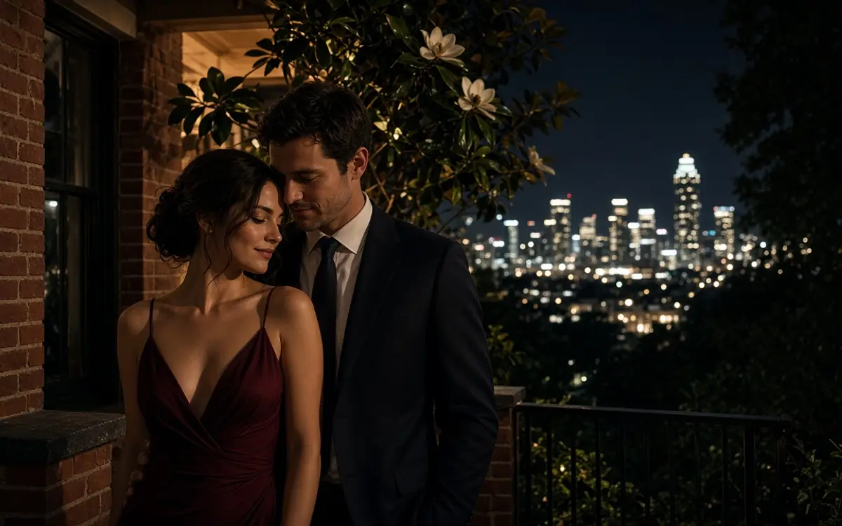 A dressed couple on a brick porch at night, magnolia leaves and a distant skyline behind them.