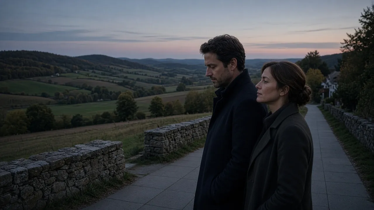 A dressed couple in jackets on a field-town sidewalk at dusk, low stone walls and farmland, no signs.